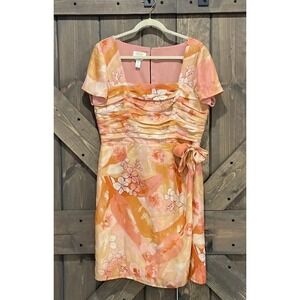 Talbots Pure Silk Dress Faux Wrap Orange Coral Floral Midi Square Neck Womens 14
